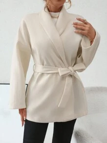 Chiquease Shawl Collar Drop Shoulder Belted Overcoat - Beige - View 6