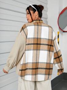 SHEIN EZwear 大碼格紋印花落肩袖外套 - 卡其色 - 查看 2