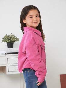 女大童翻蓋細節落肩袖燈芯絨夾克 - 玫紅色 - 查看 5