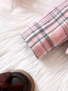 女嬰格紋印花翻蓋細節夾克&百褶半身裙&帽 - 藕粉色 - 查看 7