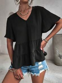 SHEIN LUNE Solid V-Neck Ruffle Hem Blouse Peplum Top