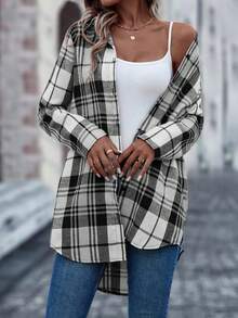 SHEIN LUNE Plaid Print Button Front Shirt - Black - View 3