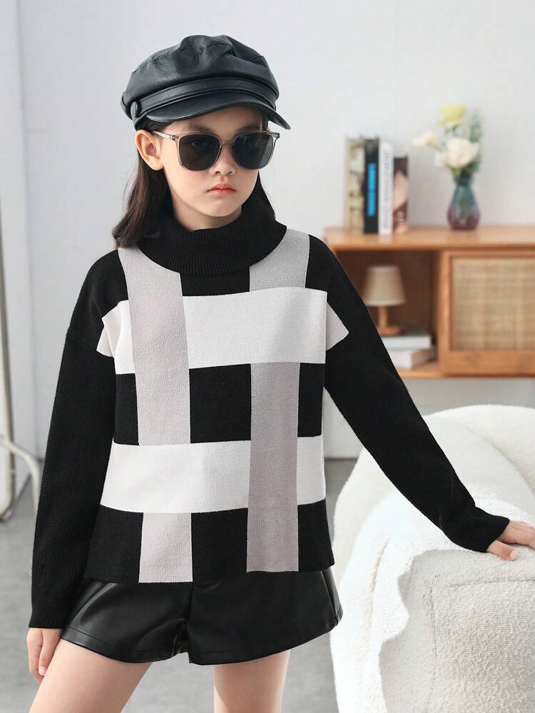 Tween Girl Plaid Pattern Turtleneck Drop Shoulder Sweater