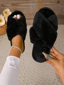 Của phụ nữ Sang trọng Màu thuần Dép đi trong nhà Đối với Mùa thu Và Mùa Đông - màu đen - Xem 1