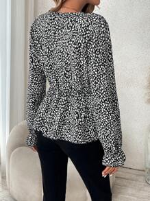 SHEIN Frenchy Allover Print Flare Sleeve Peplum Blouse - Black - View 2