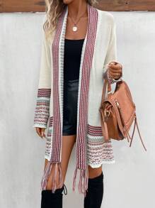 SHEIN LUNE Áo Cardigan họa tiết sọc thả vai tua rua viền - Nhiều màu - Xem 3