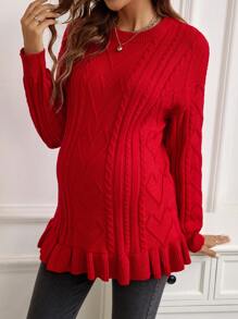 SHEIN Maternity Cable Knit Drop Shoulder Ruffle Hem Sweater, For Winter - Red - View 3