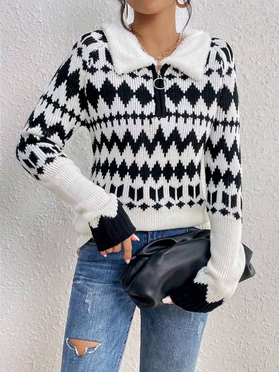 SHEIN Unity Argyle Pattern Half Zip Sweater - Black and White - View 1