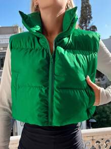 RueChic Zip Up Crop Vest Puffer Coat - Green - View 1