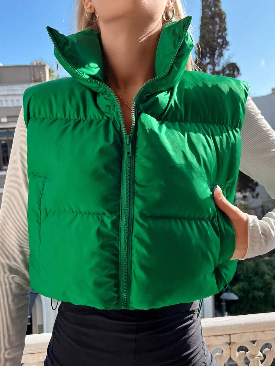 RueChic Zip Up Crop Vest Puffer Coat - Green - View 1
