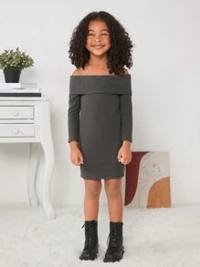Young Girl Foldover Off Shoulder Dress - Grey - View 5