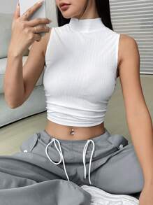SHEIN EZwear Top tank crop de cuello alto con cordón lateral - Blanco - Ver 5