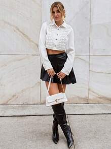 SHEIN Privé Solid Ruffle Trim Button Front Shirt - White - View 6