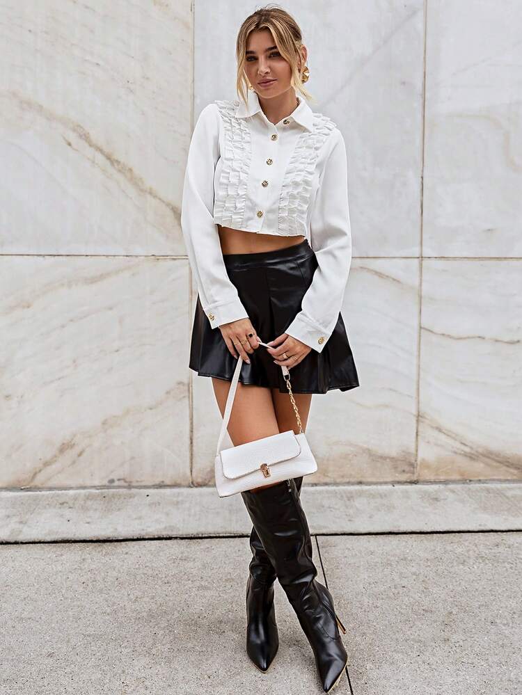 Solid Ruffle Trim Button Front Shirt