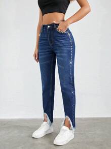 RueChic Studded Beaded Raw Cut Asymmetrical Hem Jeans - Blue - View 4