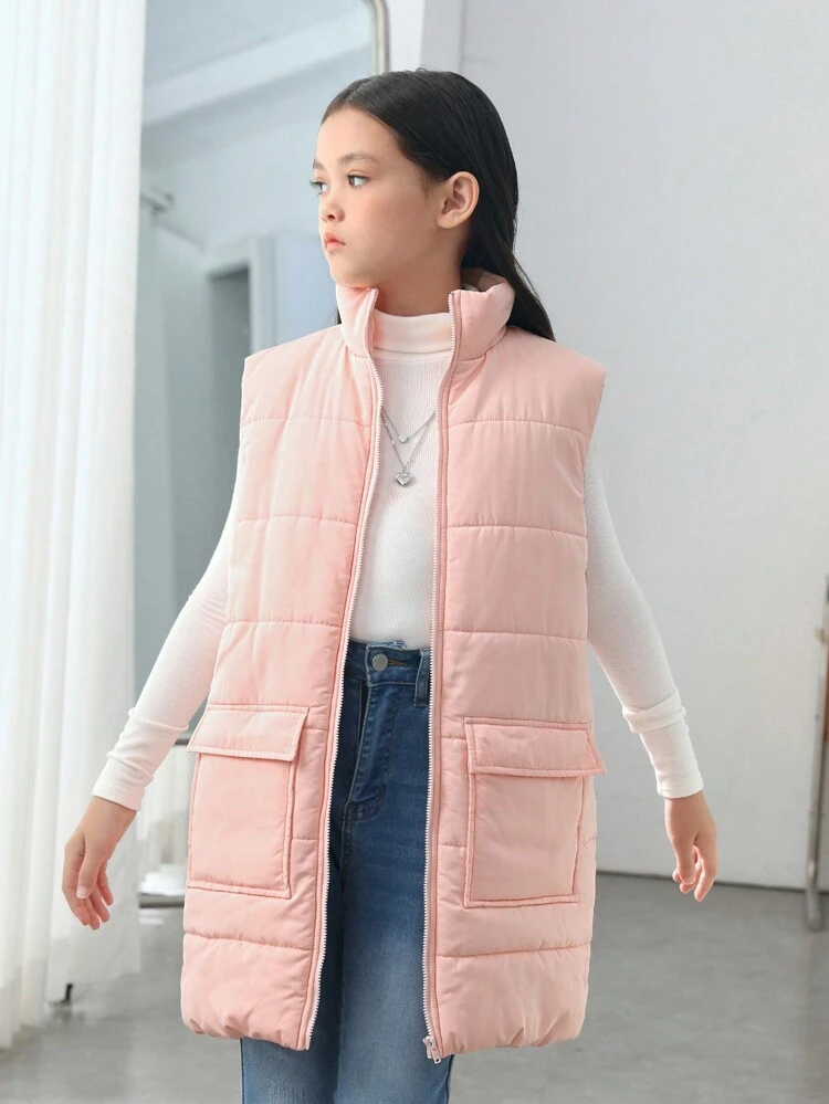Tween Girl 1pc Flap Pocket Vest Padded Coat