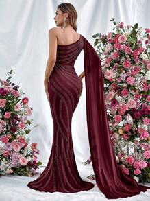 One Shoulder Extra-Long Sleeve Mermaid Hem Party Dress - Burgundy - View 2