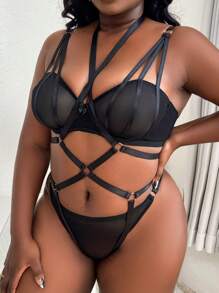 Classic Sexy Plus Ring Linked Harness Underwire Lingerie Set - Black - View 5