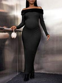 SHEIN Maternity Off Shoulder Fuzzy Trim Bodycon Dress - Brown - View 4