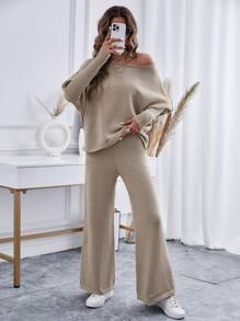 Chiquease 蝙蝠袖毛衣和針織褲 - 卡其色 - 查看 3