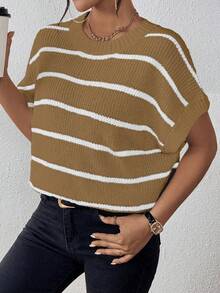 SHEIN Essnce Mẫu sọc tay cánh Knit ngọn - màu nâu - Xem 3