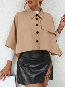 SHEIN Privé Batwing Sleeve Asymmetrical Hem Cape Trench Coat - Khaki - View 6