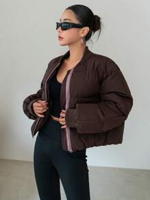 DAZY 拉链棒球领厚口袋外套，女士冬季外套夹克 - 棕色 - 查看 3