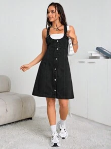 SHEIN EZwear Button Front Overall Denim Dress Without Tube Top - Black - View 5