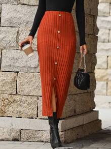 SHEIN Clasi Button Detail Split Thigh Ribbed Knit Skirt - Rust Brown - View 4