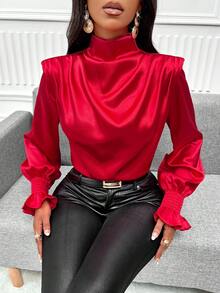 SHEIN Lady Blusa de cuello alto fruncido de satén - Rojo - Ver 6