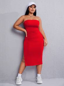 SHEIN EZwear 大碼高衩抹胸緊身連衣裙 - 紅色 - 查看 2