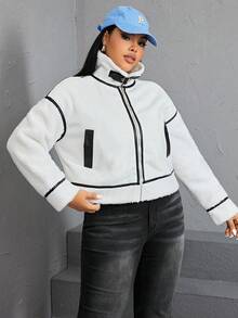 SHEIN EZwear Plus Áo khoác Teddy có dây buộc tương phản - Màu be - Xem 5