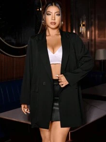 Cravure Plus Double Breasted Flap Detail Coat Without Belt - Black - View 4