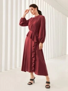 Modelyn Burgundy Red Ruffle Trim Lantern Sleeve Dress Long Evening Dresses - Burgundy - View 3