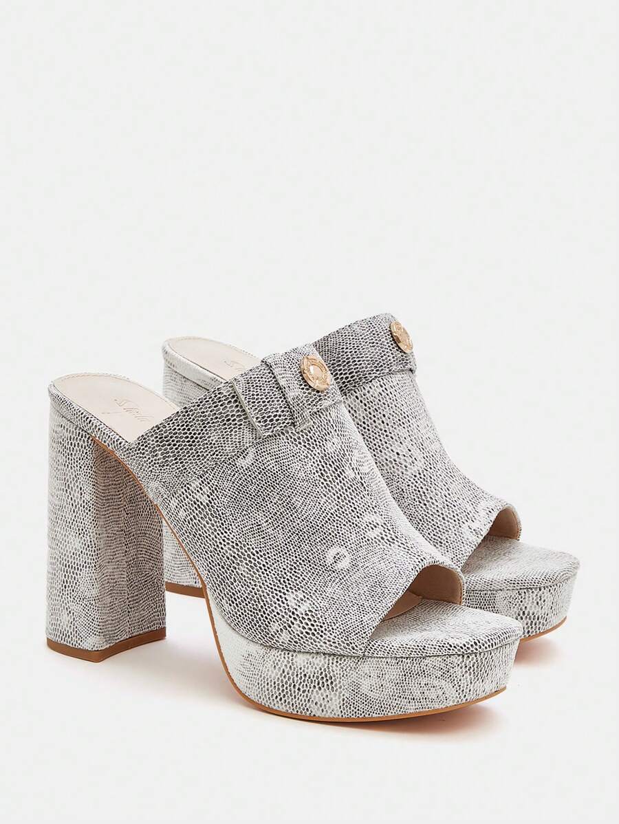 SheIn ICON Của phụ nữ In rắn Thời trang Đồ trang trí khóa Con la Giày cao gót Dép xăng đan - Đen và trắng - Xem 1