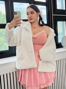 Flirla 加落肩口袋貼片泰迪熊大衣 - 米色 - 查看 5