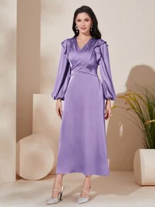 Modelyn Ruffle Trim Lantern Sleeve Pearls Detail Dress - Purple - View 3