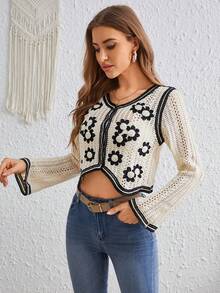 SHEIN VCAY Floral Pattern Pointelle Knit Contrast Trim Crop Cardigan - Apricot - View 3