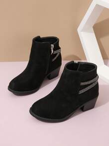 Girls' Rhinestone Strap Side Zipper Ankle Boots With Chunky Heels - Black - View 3