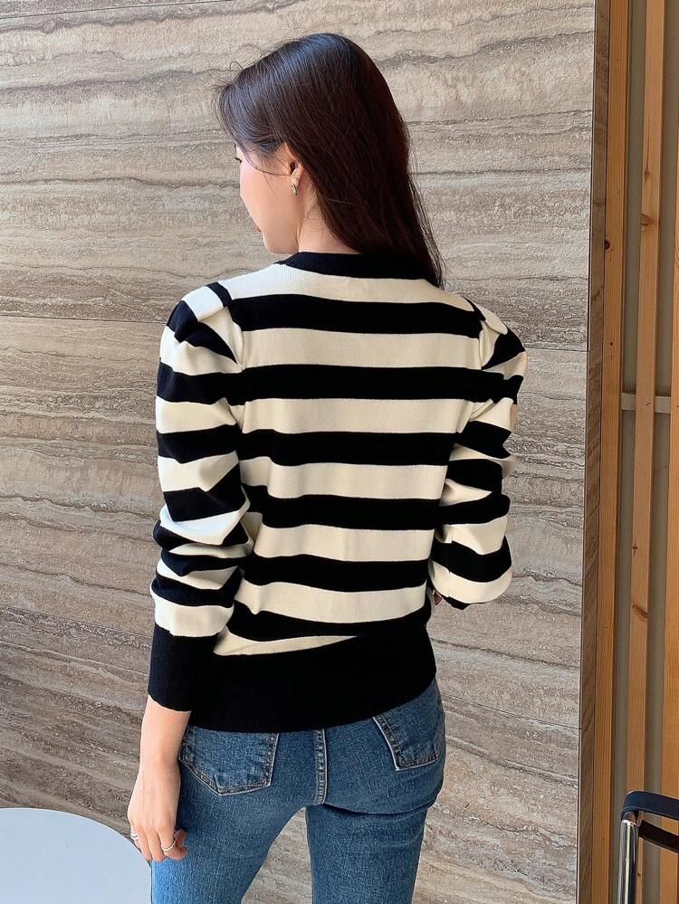 Striped Pattern Gigot Sleeve Sweater,Long Sleeve Tops Fall