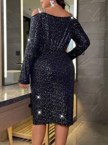 Allurite Hơn Vai lạnh Xù Viền chia cắt Váy bodycon - màu đen - Xem 2