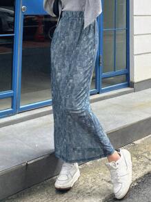 DAZY 高腰斜口袋後背開衩半身裙 - 藍色 - 查看 4