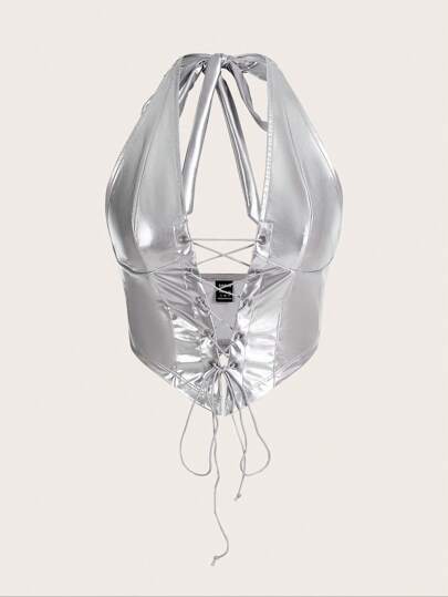 SHEIN ICON Lace Up Front Backless Halter Top