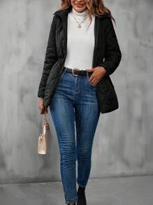 SHEIN LUNE Slant Pocket Zipper Hooded Quilted Padded Coat Clothes Winter - Black - View 5