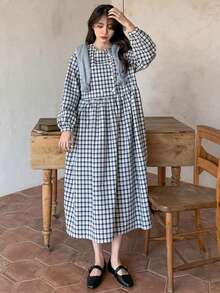 DAZY Vestido smock de guingán ribete con fruncido - Negro - Ver 6