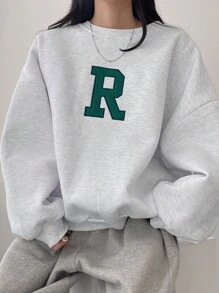 DAZY Letter Graphic Drop Shoulder Pullover,Long Sleeve Tops,Fall Clothes Sweatshirt - Light Grey - View 4