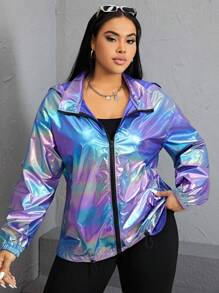 SHEIN EZwear Áo khoác trùm đầu hở vai Holographic Plus cho mùa thu/đông - Nhiều màu - Xem 4
