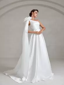 One Shoulder Split Thigh Satin Wedding Dress - White - View 3
