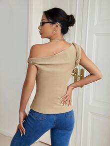SHEIN Privé Solid Asymmetrical Neck Ribbed Knit Top - Brown - View 2