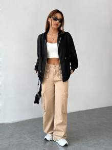 SHEIN EZwear 標語圖案落肩袖拉鍊開襟抽繩連帽衫 - 黑色 - 查看 6